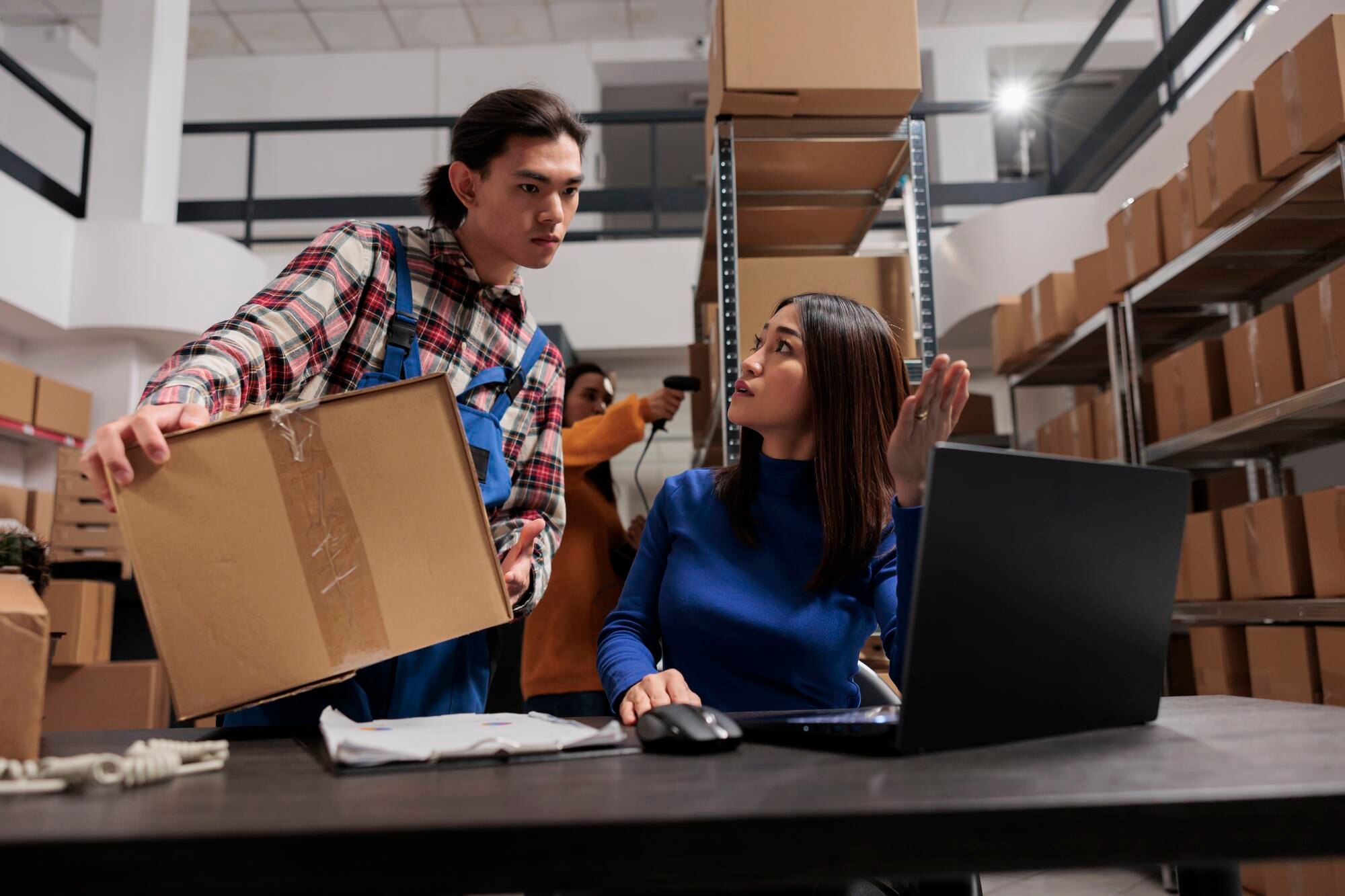 JML TRANSPORTES -  - warehouse carrier operator managing parcel shipping handling asian man woman colleagues discussing g